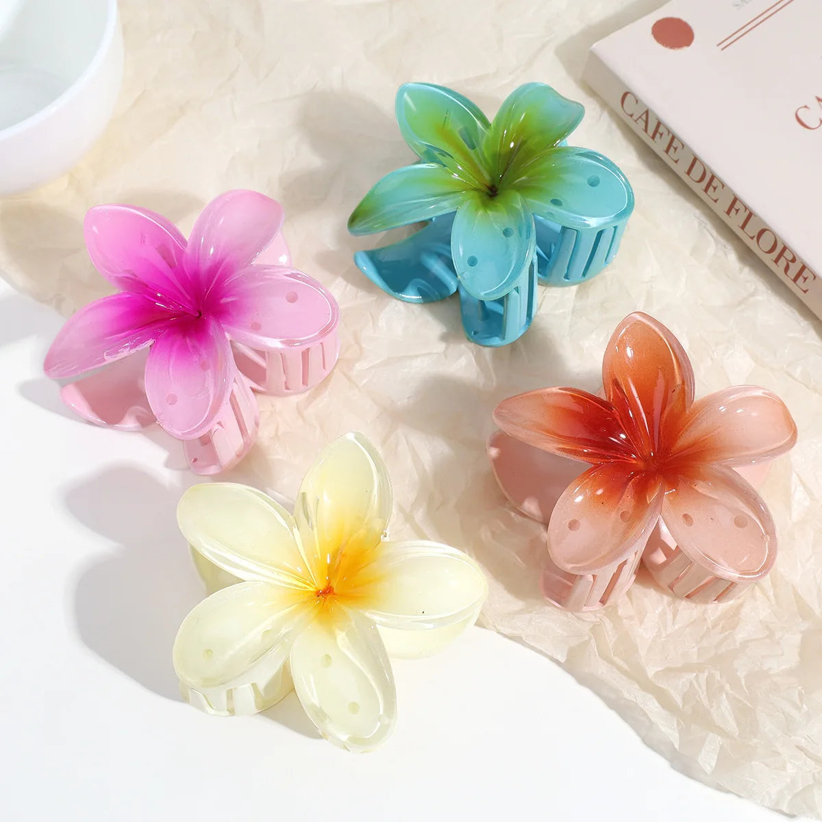 Women Fashion Summer Beach Flower Claw Clip Long Hair Shark Clip Girls Barrettes Ponytail Holder Gradient Color Hair Accessories