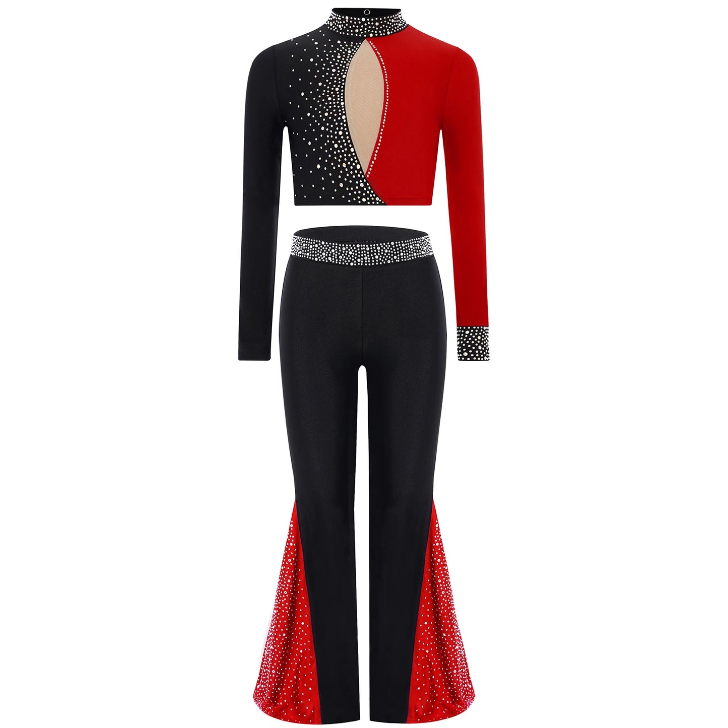 Kids Girls Lyrical Jazz Dance Costume Figure Skating Gymnastics Dancewear Long Sleeve Color Block Crop Top+Bell-Bottomed Pants