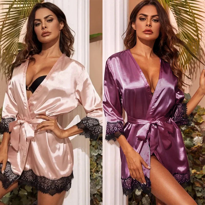 Sexy Women Home Dressing Gown Lingerie Lace Patchwork Satin Robe Set Nightwear Casual Sleepwear Kimono Bathrobe Home Nightdress