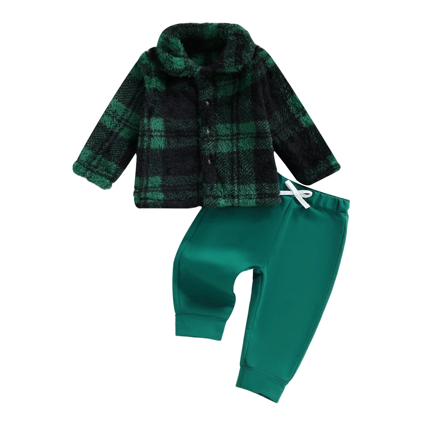 Infant Winter Clothes Set Warm Plaid Fleece Lapel Neck Button Down Long Sleeve Shirt and Pants Outfit for Baby Boy