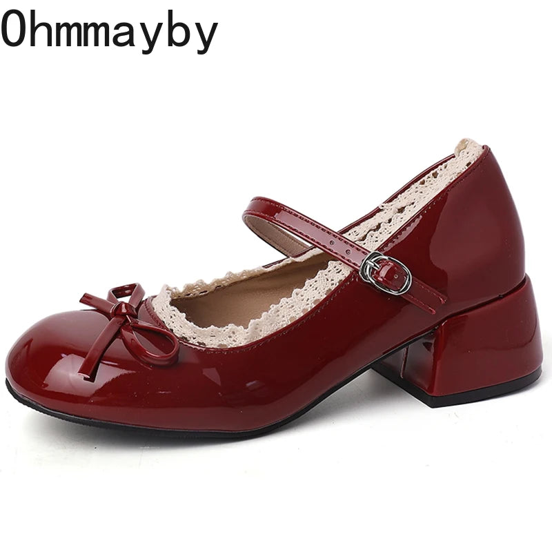Butterfly-knot Women Mary Jane Shoes Elegant Patent Leather Wedding Party Thick Heel Ladies Footwear