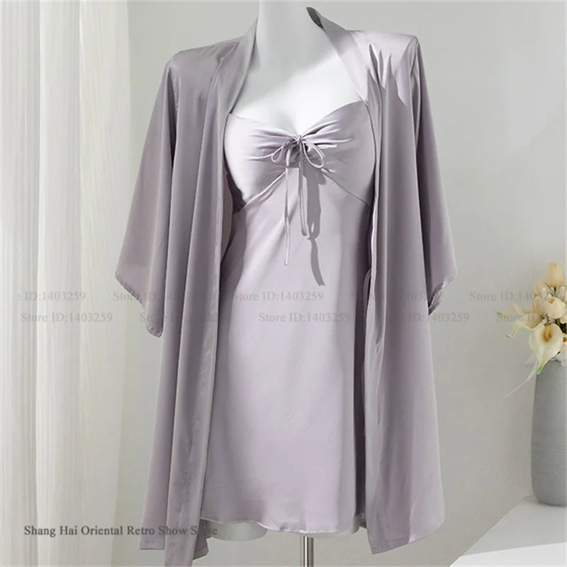 Female 2PCS Robe Nightgown Set Pajama Sexy Suspender Nightdress Lingerie Summer Kimono Bathrobe Gown Rayon Homewear Lounge Wear