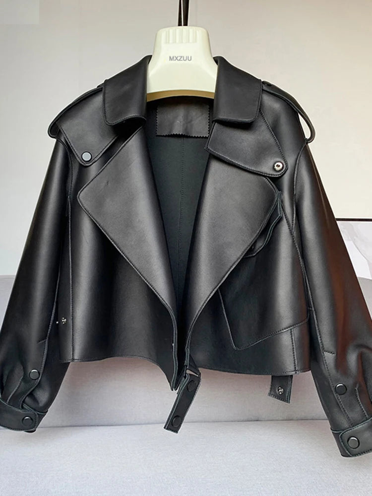 Women's Sheepskin Coat Plus Size Short Loose Veste Femme Large Lapel Pocket Gray/Dark Green/Pink/Khaki Locomotive Leather Jacket