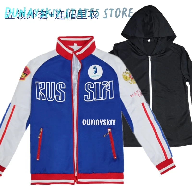 Anime Yuri Plisetsky Victor Nikiforov Cosplay Costume Red Blue Coat Jacket Pants Anime Unisex Halloween Sportswear for Women Men