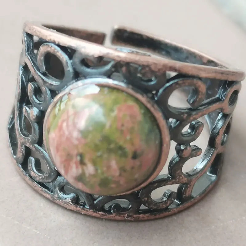 Aventurine Malachite Tiger Eye Crystal Lapis Lazuli Howlite Carnelian Goldstone Opal Unakite Sand Jaspe Bead Ring PWB1230