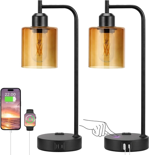 Set of 2 Nightstand Lamps 3 Way Dimmable Touch With USB Ports Amber