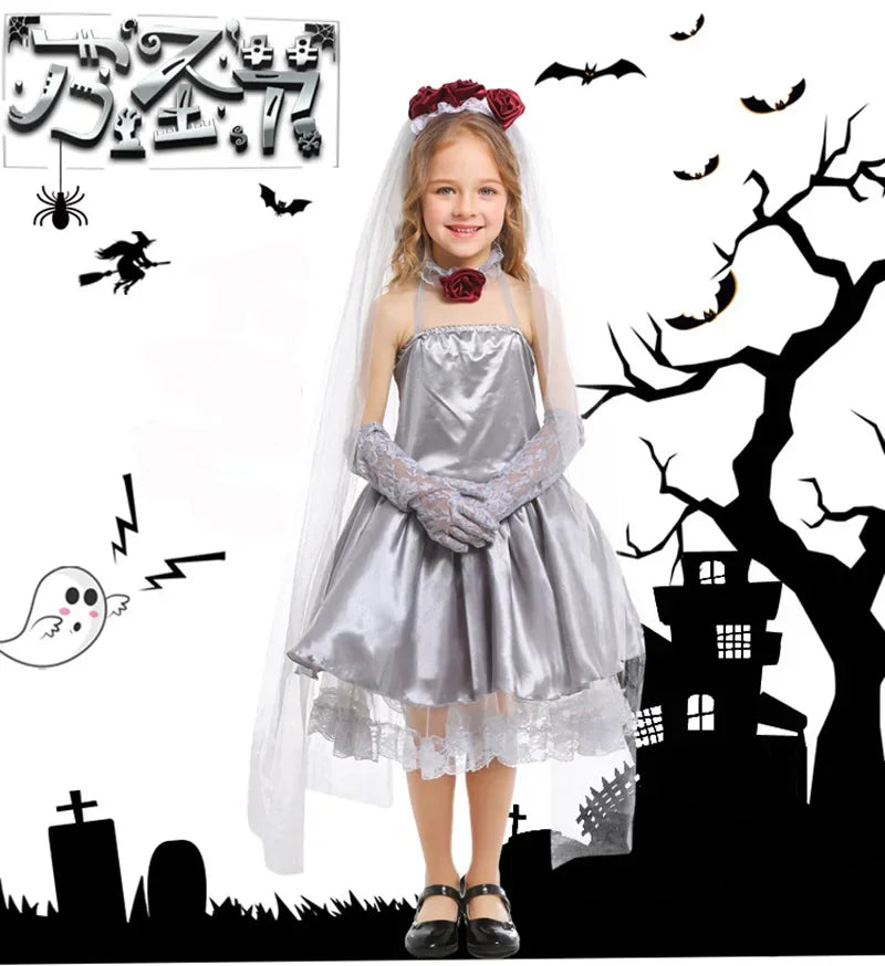 Girls Silver Gray Corpse Bride Cosplay Costume Angel Dress Kids Halloween Party Carnival Costume Fancy Dress