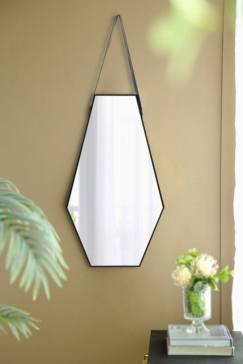 Black & Silver Hexagon Wall Mirror with Leather Hanging Strap, 18 ×