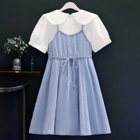 Summer Baby Girls Denim Dresses Blue Kids Outfits School Uniform Clothes Short Sleeve Dress Kids  Costumes 6 8 9 10 11 12 Years