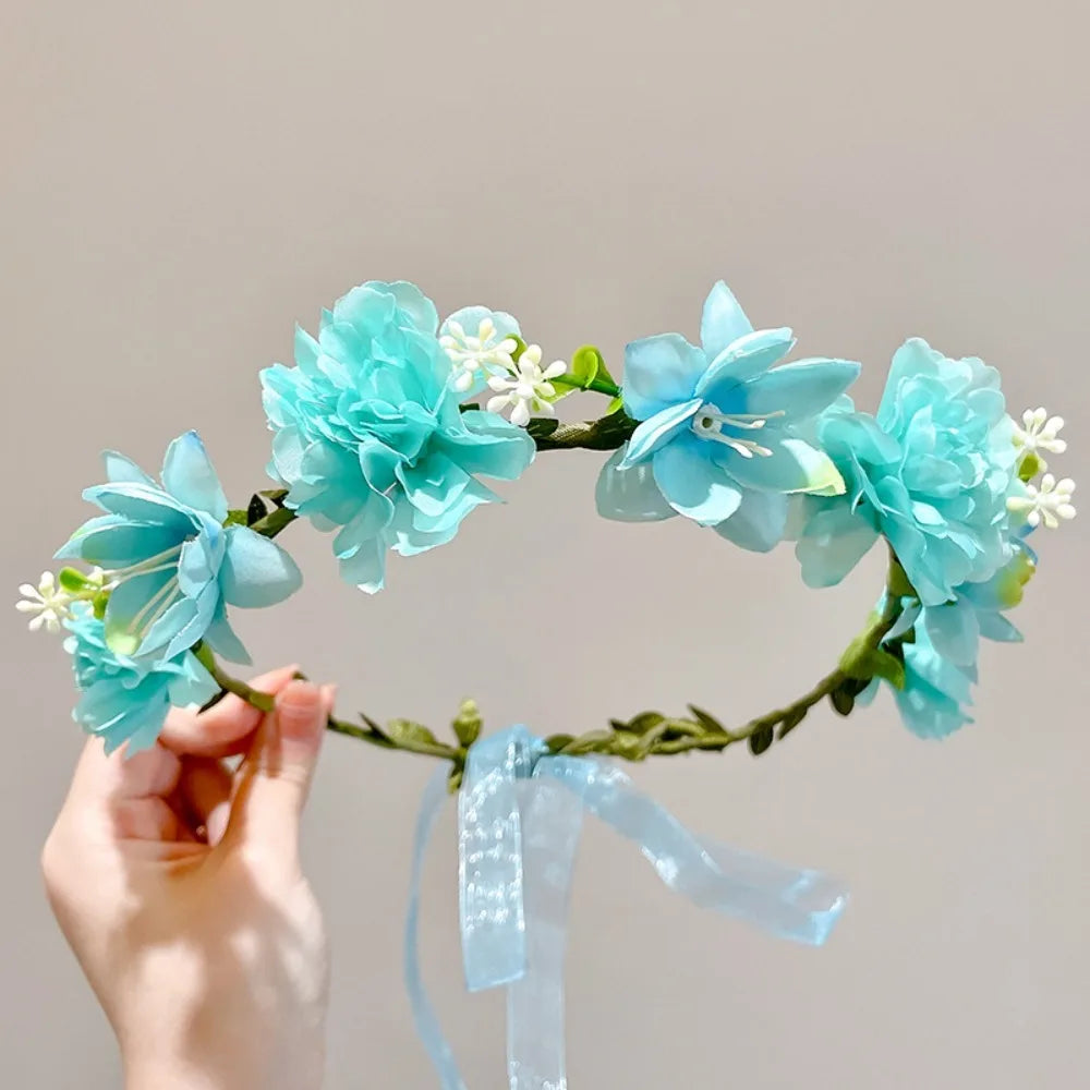 Fascinating Y2k Artificial Flower Fairy Flower Crown with Ribbon Headpiece Flower Headbands Bride Wedding Braided Wreath Women