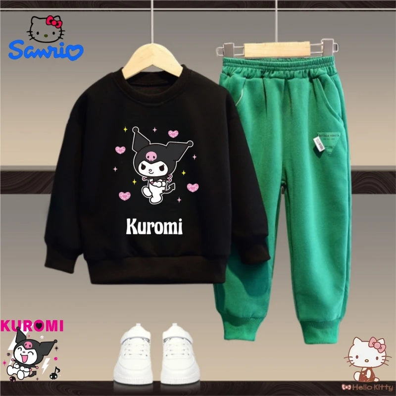 Sanrio Autumn Baby Clothes Set Kid Girls Kuromi Printed Cute Sweatshirts Pullover Top & Green Pants 2pcs Children Fashion Outfit