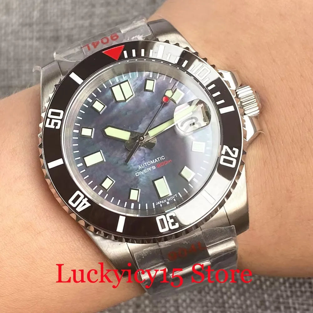 Customized NH35A Automatic Mechanical Watch Men Black Mother of Pearl Dial Luminous 200mWaterproof 40MM Brushed Case Date Cyclop