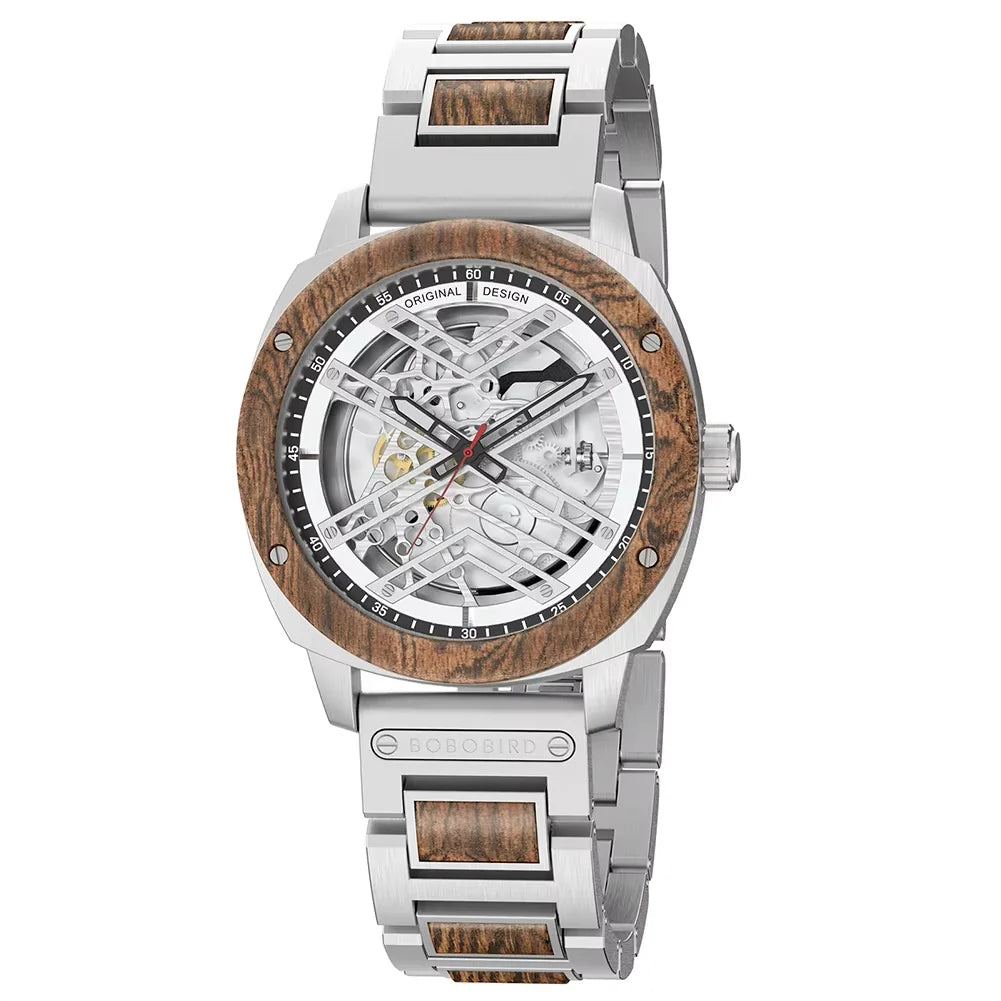 Men Watch BOBO BIRD Wooden Automatic Mechanical Watch Metal Wristwatch Top Fashion Business Clock Custom Gift Box reloj hombre