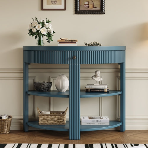 Fluted Half Moon Console Table with Drawer and 2 Shelves for Entryway,