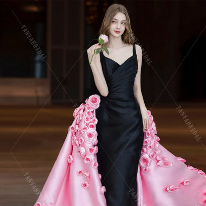 Spaghetti Straps Satin Mermaid Wedding Dress With Detachable 3D Flowers Long Train Elegant Backless Bridal Party Dress TSWD453