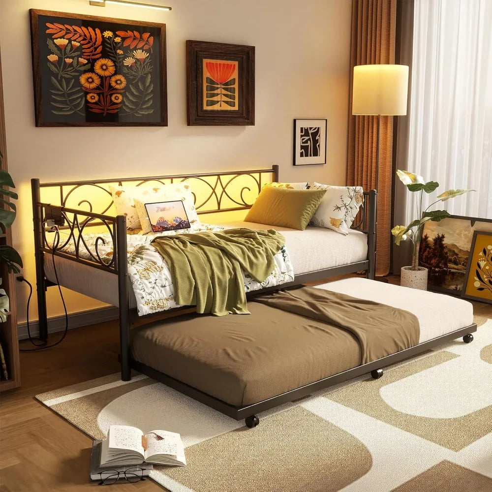 Daybed with Trundle Bed, Twin Bed Frame with Charging Station and LED Lights, Metal Sofa Day Bed with Pop Up Trundle and Steel