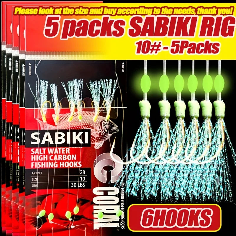 TAKBAS 1/5 Packs Sabiki Rigs, Fishing Bait Rigs, Luminous Sea Fishing Rig with High Carbon Fishing Hooks,for Fresh/Saltwater