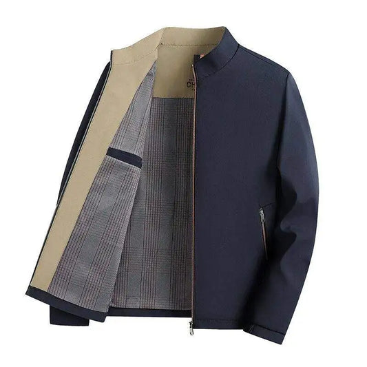 A stylish, cool and versatile solid color casual and trendy business jacket with a stand-up collar for senior dads