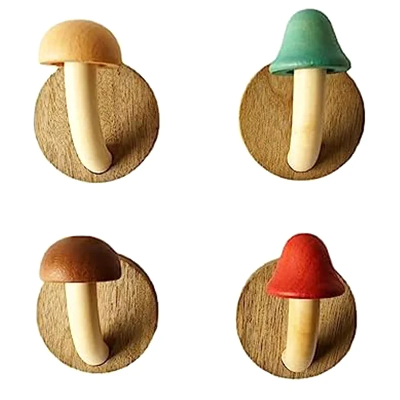 A26F-4PCS Fun Wooden Mushroom Coat Hook Non-Perforated Solid Wood Hook Kitchen Bathroom Cloakroom Door Hook Wooden