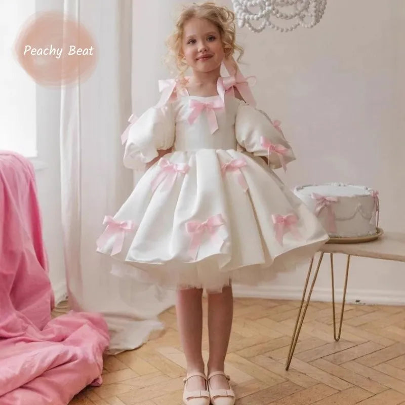 Baby Girl Princess Bow Strap Tutu Dress Infant Toddler Child Vestido Puff Sleeve Christmas Birthday Party Baby Clothes 2-14Y