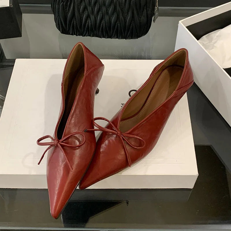 2025 New Fashion Butterfly-Knot Women Low Heels Pumps Shoes Shallow Female Slip On Footwear Pointed Toe Ladies Heeled Shoes