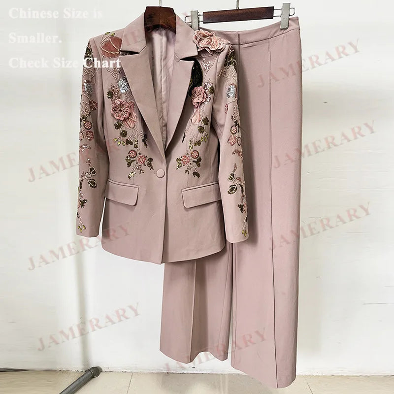 Autumn Luxury Two Piece Set Women Blazers Suit Coats Beaded 3D Flower Jacket Long Wide-Leg Pants Suits Crystal Formal Outfits