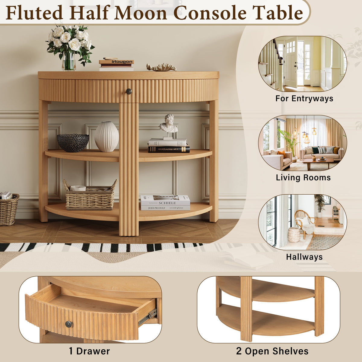 Fluted Half Moon Console Table with Drawer and 2 Shelves for Entryway,