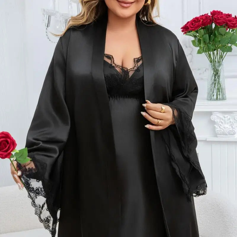 Big Size 3Xl 4Xl 5Xl Robe Set Women Black Lace Trim Sleepwear Satin Lingerie Big Sleeve Kimono Gown Loungewear Nightwear 2Pcs