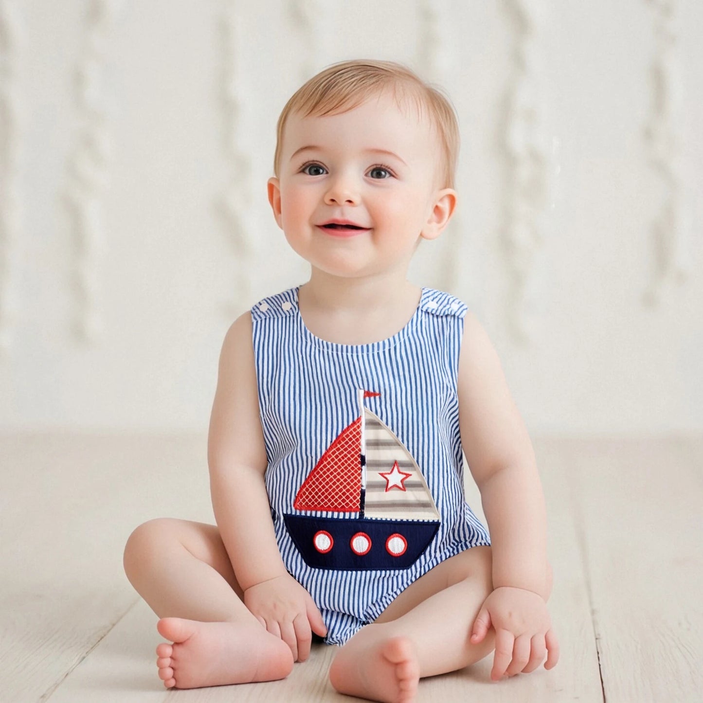 Baby Boy Striped Overalls Romper Sailboat Embroidered Sleeveless Bodysuit Cute Summer Clothes