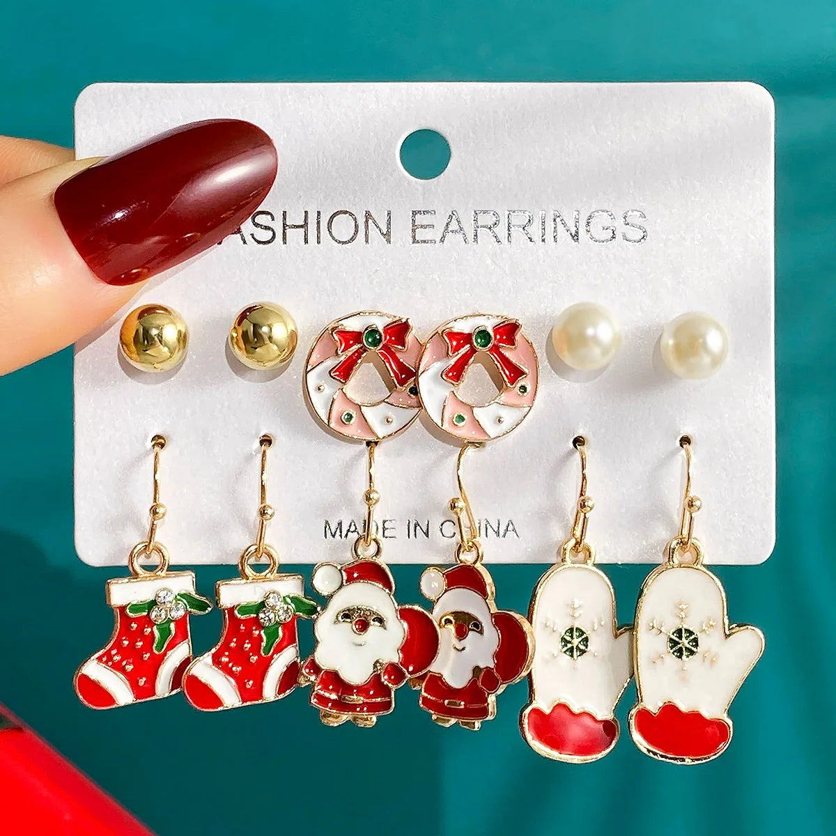 6 Pairs New Christmas Set Cross border Hot Selling Cartoon Dripping Oil Elk Santa Claus Christmas Tree Earrings for Women
