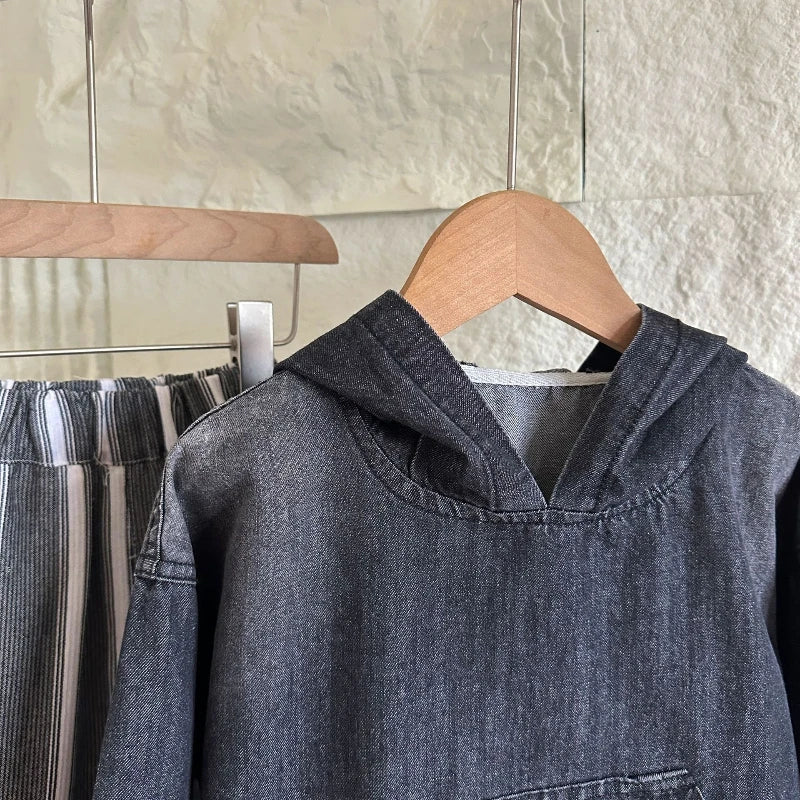 2025 Autumn/winter New Children's Retro Forest Style Design with Original Color Hooded Denim Jacket