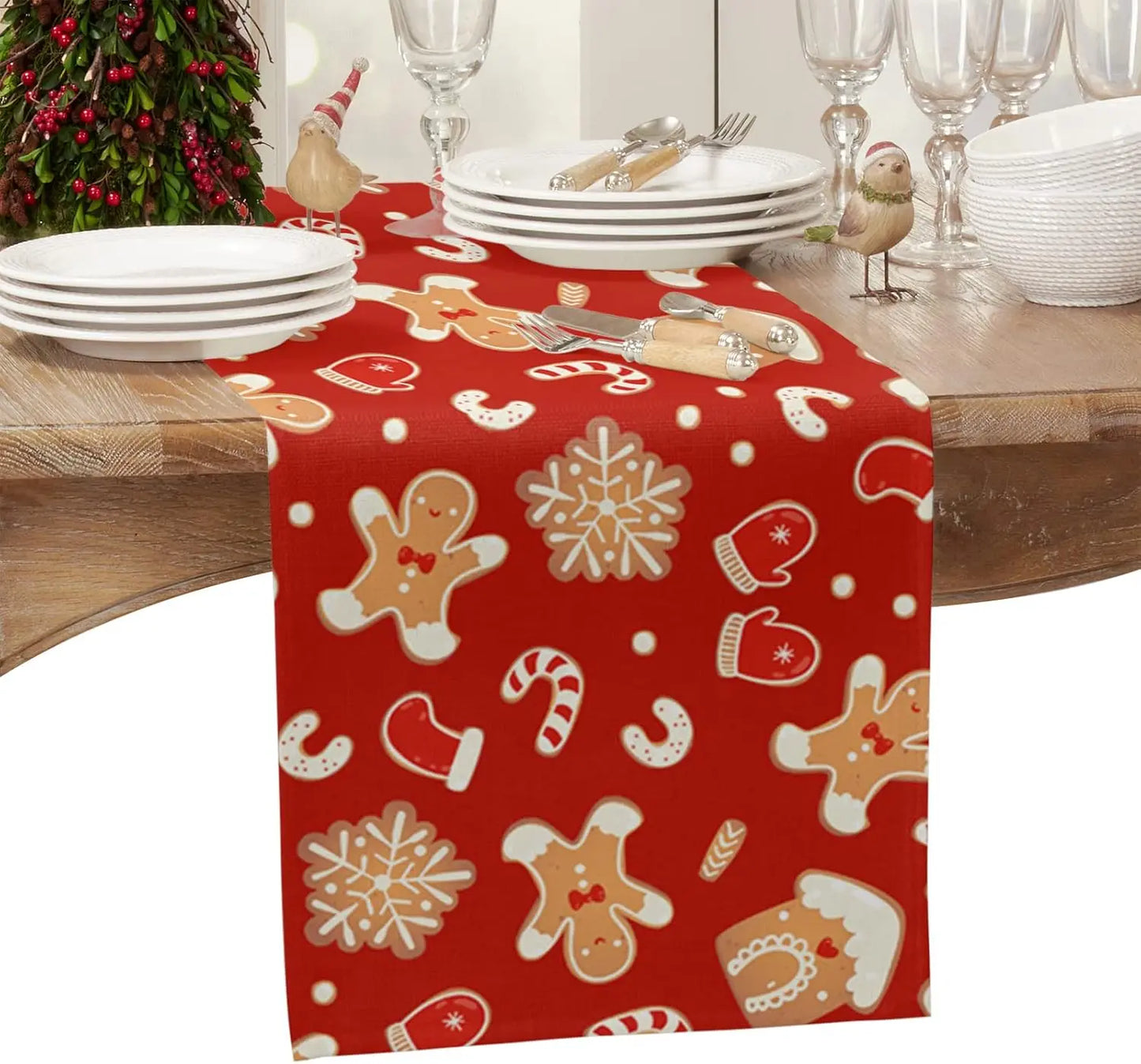 Christmas Gingerbread Xmas Cookie Linen Table Runners Seasonal Winter Holiday Party Dining Table Decor Navidad Decorations 2025