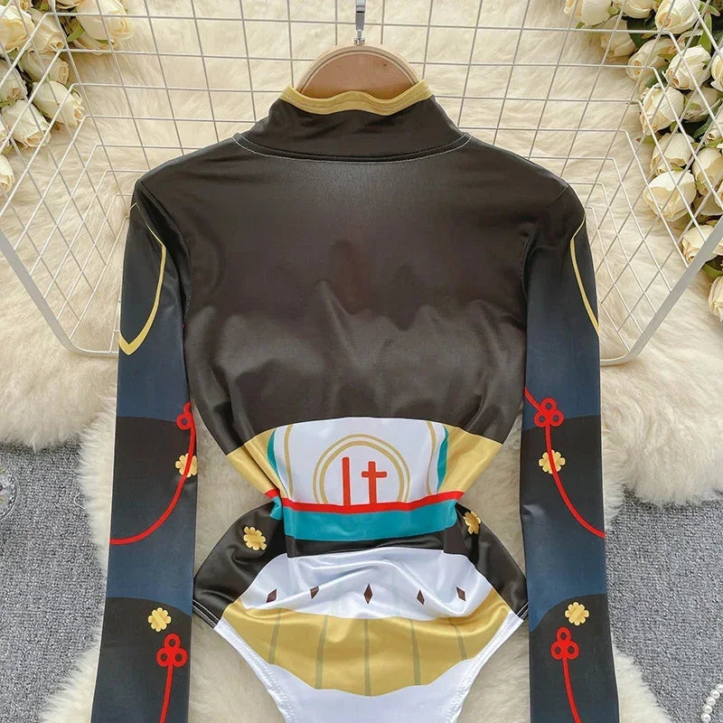 CosplayFermeture éclair mince à manches longues Bodycon érotique imprimé body femmes col montant Corset combishorts Lingerie bar