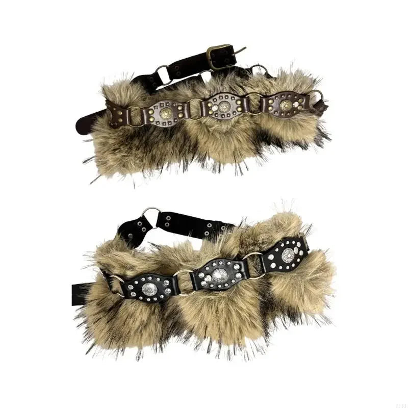 Retro Cowgirl Waistband Studded Faux Furry Belt Adjustable Length Waist Girdle Gothic Unisex Clothing Accessory