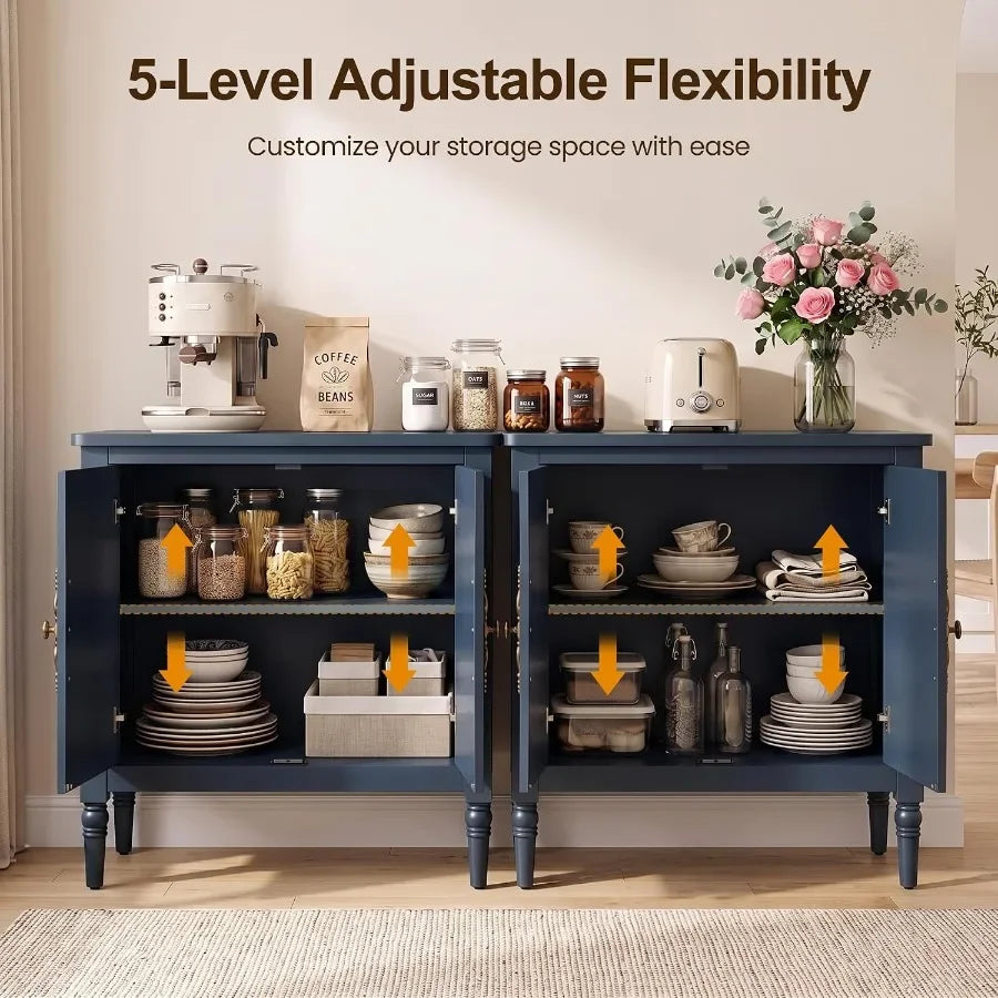 Buffet Cabinet with Storage for Dining Room, Painted MDF Sideboard Coffee Bar in Matte Blue Finish with Smooth-Closing Drawers