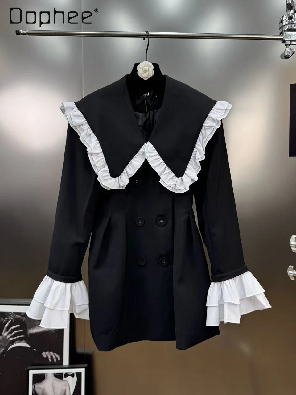 Autumn New Fashion Elegant Lapel Double-Breasted Ruffle Patchwork Blazer Women Korean Chic Trend Loose Slim Mid-Length Blazer