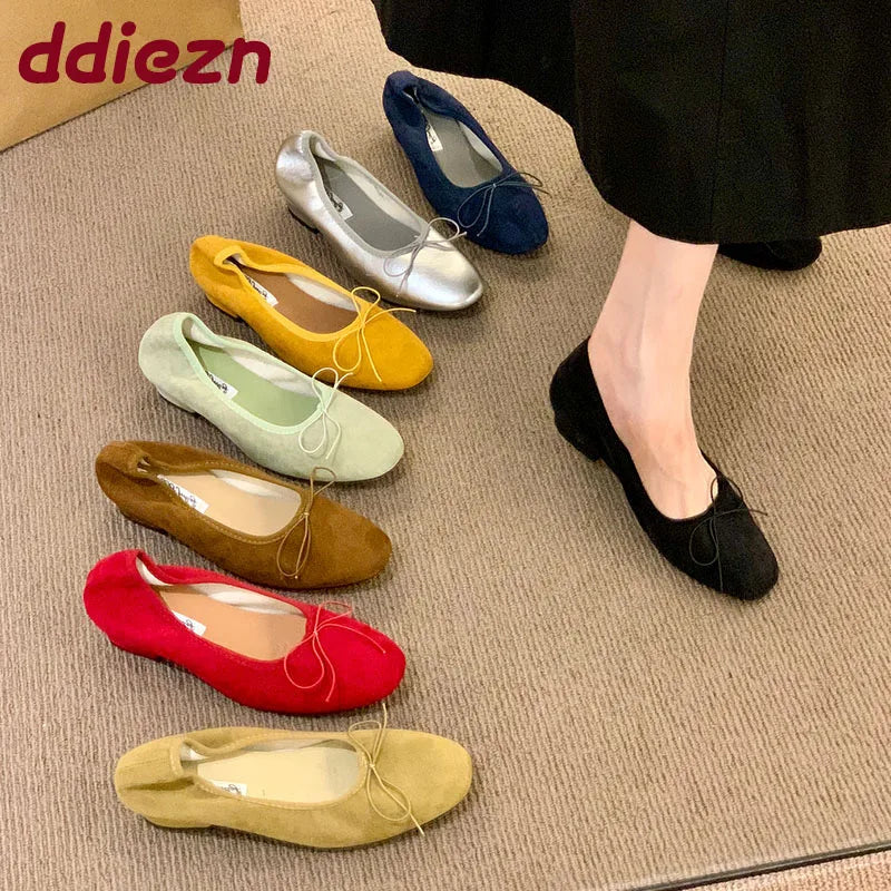 Fashion Butterfly-Knot Ladies Slip On Heeled Pumps Shoes Female Shallow Footwear Low Heel Women Ballet Flats Shoes 2025 New