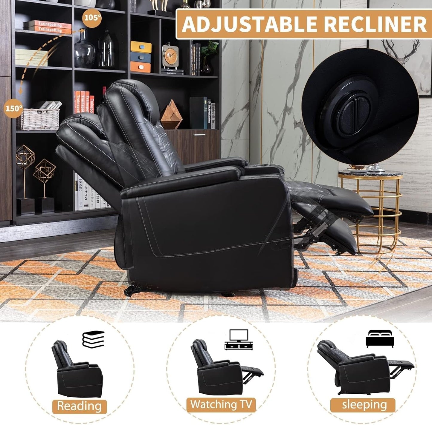 Power Recliner Chair Set Of 3 Black Leather With USB Ports