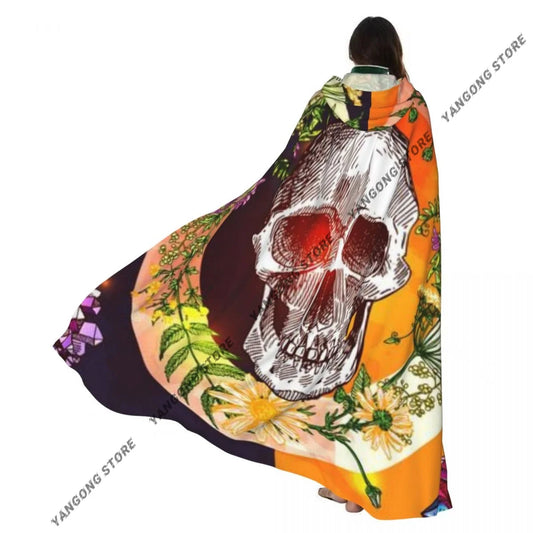 Boho Style Skull And Flowers Hooded Cloak Coat Halloween Cosplay Costume Vampire Devil Wizard Cape Gown Party