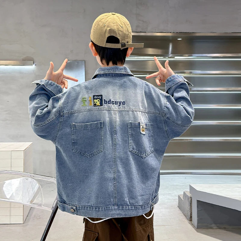 2025 Spring Autumn Children Blue Washed Denim Jacket For Boys Loose Long Sleeve Button Up Back Pockets Fashion Jeans Jacket Coat