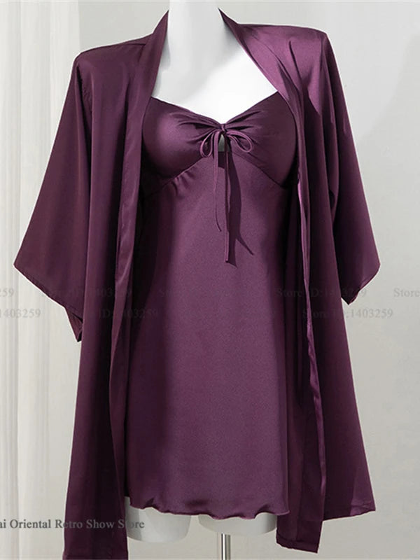 Female 2PCS Robe Nightgown Set Pajama Sexy Suspender Nightdress Lingerie Summer Kimono Bathrobe Gown Rayon Homewear Lounge Wear