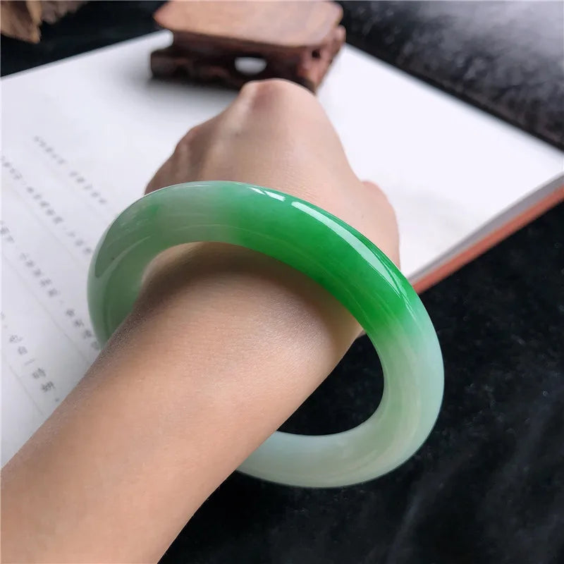 Natural Burmese Jadeite Bracelet, Ice-Waxy Type, Light Green Round Bar Jadeite Bracelet, Fashionable for Girls