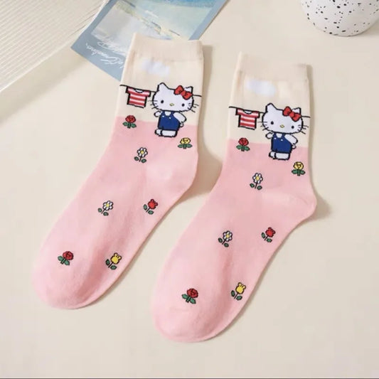 Cartoon Sanrio Hello Kitty Women's Socks My Melody Cute Girl Mid-tube Cotton Socks Kawaii Student Sock Girl Kids Christmas Gift