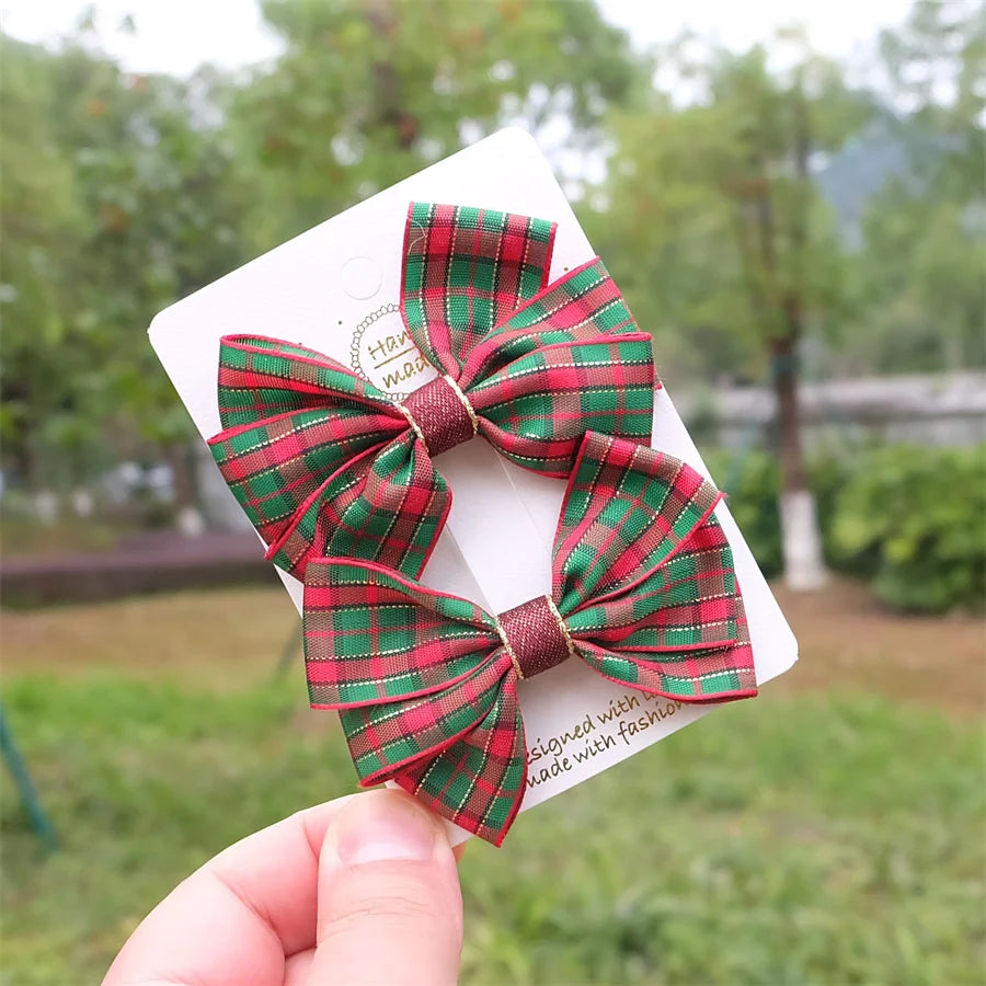 Christmas Plaid Hair Bow Clip For Girls Baby Kids Barrette Children Hair Accessories Butterfly Hairpin Fashion Headwear Top Clip