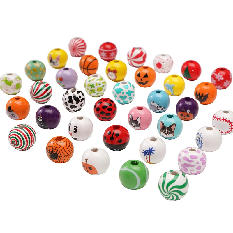 10Pcs 16/20mm Wooden Dog Paw/Christmas Pattern Round Beads Loose Spacer Beads To Make Bracelet Charms Jewelry Making Accessories