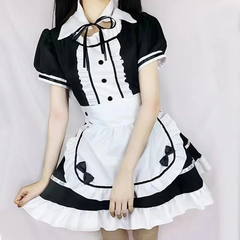 Sexy Lingerie Lolita Maid Cosplay Costume Women Headwear Apron Fake Collar Bowknot Black Dress Halloween Party Outfit