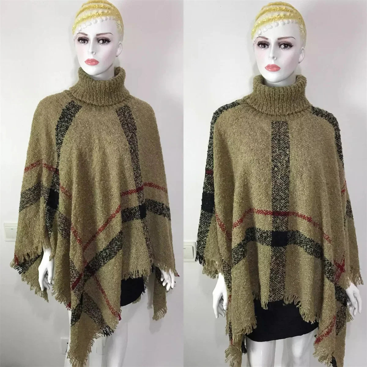 New Women Autumn Winter Striped Knitted Poncho Shawl Sweater Overcoat Streetwear Thick Warm High Neck Loose Knitwear Long Coat