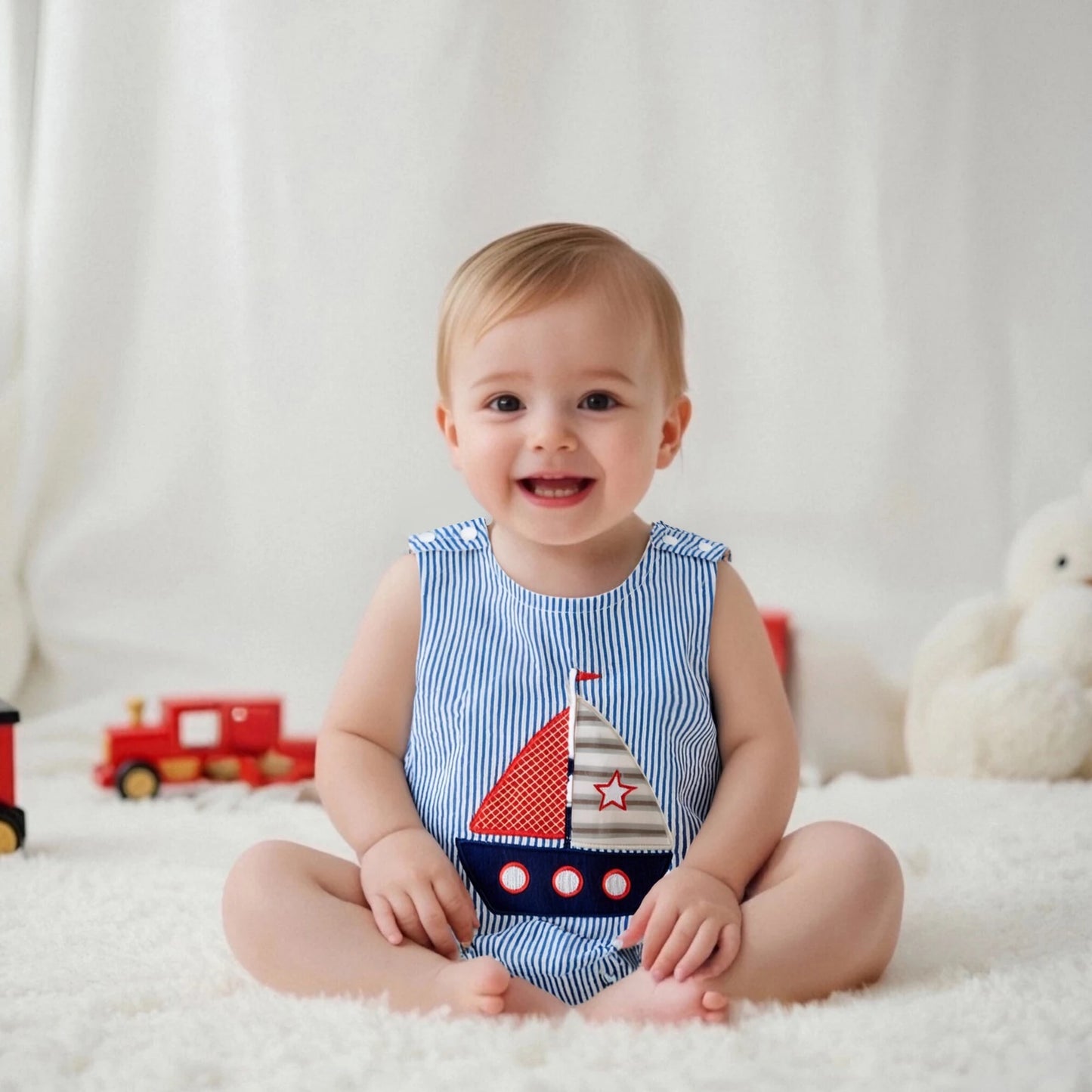 Baby Boy Striped Overalls Romper Sailboat Embroidered Sleeveless Bodysuit Cute Summer Clothes