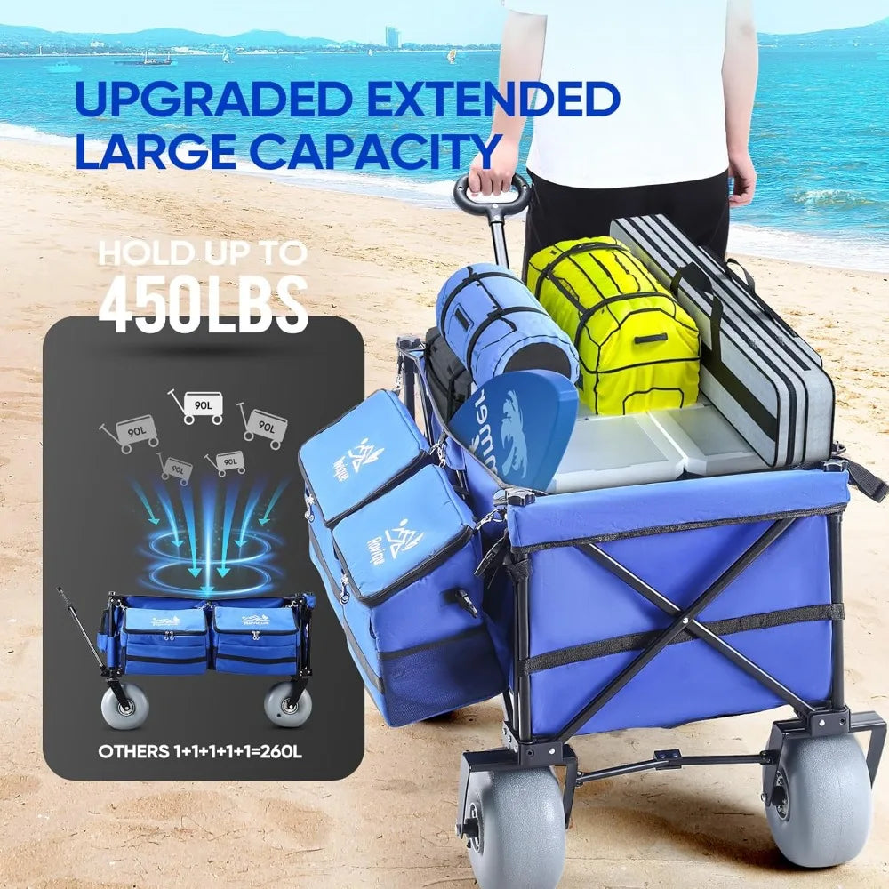 Beach Wagon, with Big Wheels for Sand, 260L Extra Large Beach Cart with 9" All-Terrain Balloon Wheels, Heavy Duty Folding Wagon