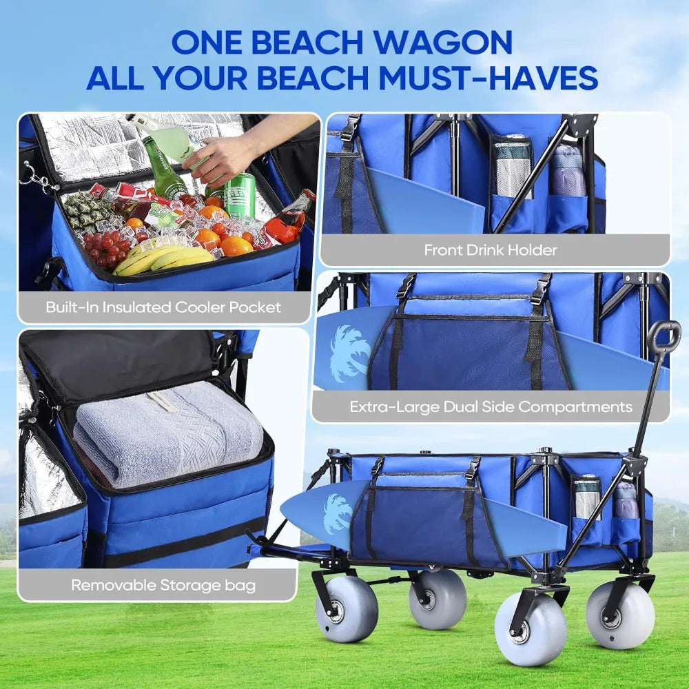 Beach Wagon, with Big Wheels for Sand, 260L Extra Large Beach Cart with 9" All-Terrain Balloon Wheels, Heavy Duty Folding Wagon